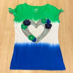 Justice Girl 10 Shirt W/ Glittered Heart with Cloth Beaded Flowers & Tie Sleeves